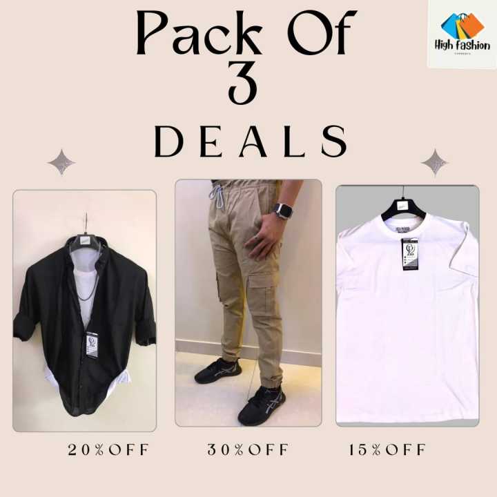 Pack of 3 for Men: Stylish Full Sleeve Shirts, 6-Pocket Cargo Trousers & Summer T-Shirts | White T-Shirt Combo + Boys' Casual Shirts