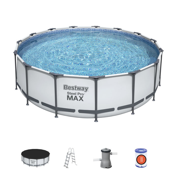 Bestway Power Steel Round Above Ground 15 Ft Length 15 Feet Width 48 Inch Depth, Pool For Family Fun, Outdoor Water Games 56438 Imported Puncture-Resistant Liner Branded Portable Summer Season Swim Dive Steel With Filter Pump Ladder Swimming Parties Pools