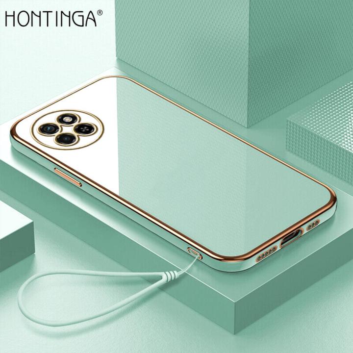 Hontinga for Itel S23 Back Cover Free Strap Luxury 6D Plating Frame Shiny Bling Case Soft Silicone Square Mobile Cover
