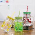Multicolor Heat Resistant Fruity Glass Mason Jar Mugs Fruit Juice Cups with Lid and Straw For Milk, Milkshakes Juices 480 ml. 