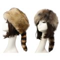 Plush Russian Style Flat Top Hat Winter Mongolian Hat Thicken Plush Raccoon Tail Hat for Adult Teens Keep Warm Hat Wholesale. 