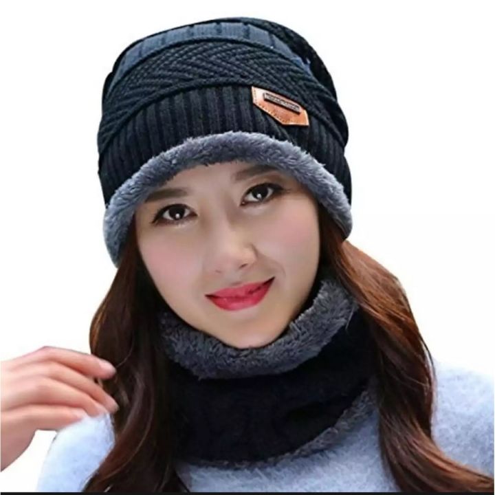 excellent design ladies women winter cap with neck mufler, attractive design cap set pack of 1
