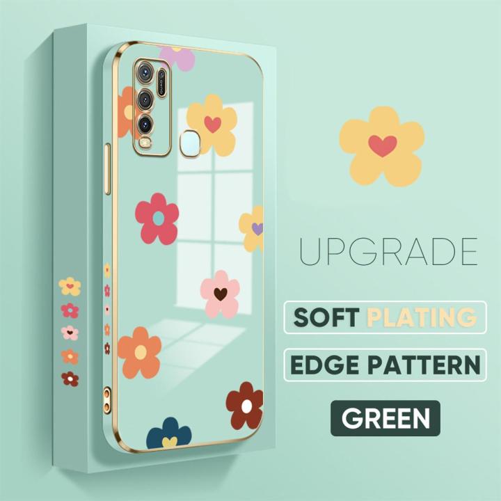 TA for Vivo Y50 Y30 Y30I 1938 Back Cover + Free Lanyard Falling Flowers Luxury 6D Plating Case Side Pattern Soft Silicone Square Phone Cases
