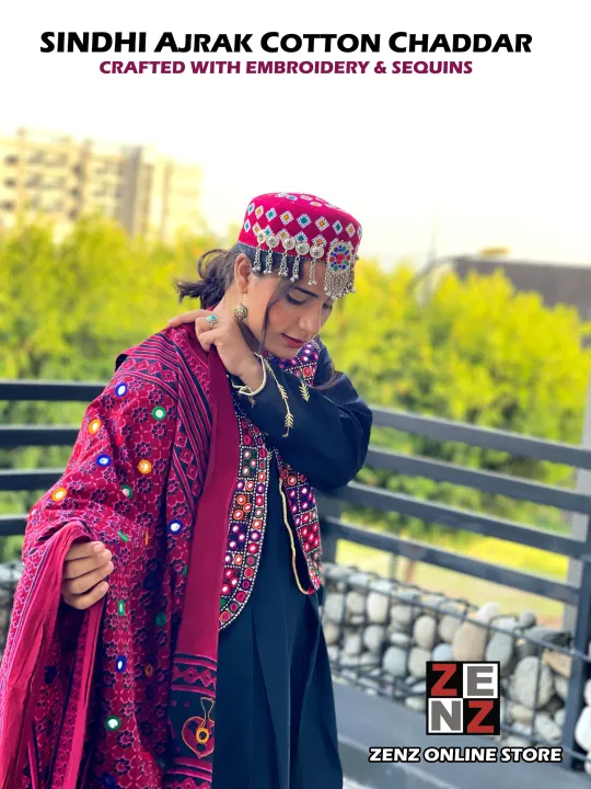 Sindhi%20Ajrakh%20Chaddar%20hand%20crafted%20with%20Embroidered%20Sequins%20for%20ZENZ%20Vintage%20Women's%20Pakistani%20Traditional%20Wear%20Fashion%20-%20Image%202