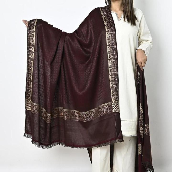 Winter Black Shawl Stole Chaddar with stunning Wool Thread Work with Jacquard in Red and White for Women and Girls for casual and formal events