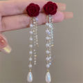 Wine Red Flocking Bow Pearl Tassel Earrings For Women Elegant Trending Luxury MJ. 