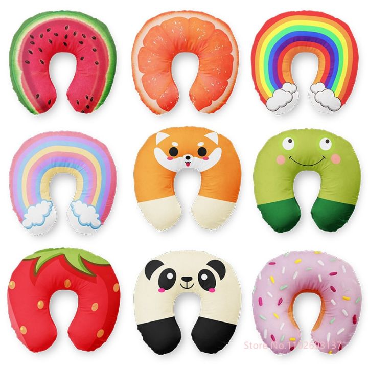 【HOT】 Cute Cartoon INS Style Travel Neck Pillow U-Shaped Panda Rainbow Cloud Fruit Inflatable Cushion For Kids Adults Family Friends