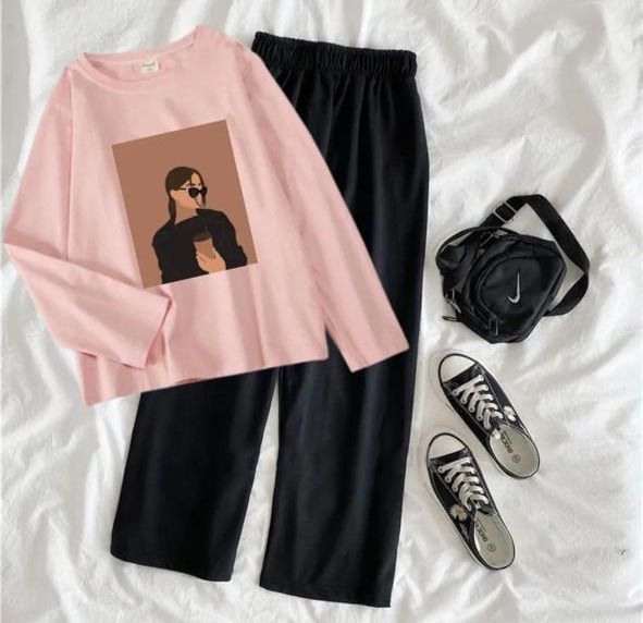 Summer Full Sleeves T-shirt and Flapper Trouser Night Suit Set for Women and Girls