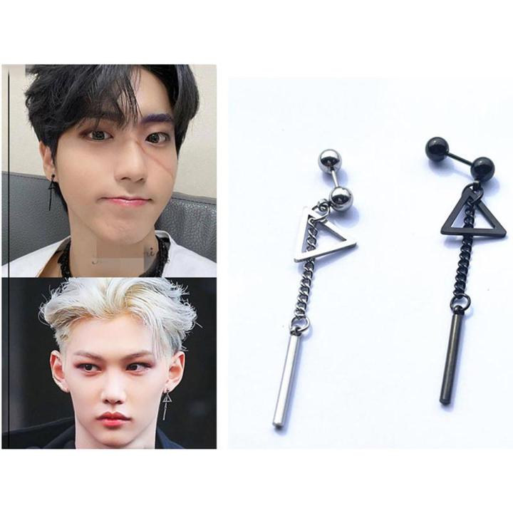 Kpop Idol Jewelry Stray Han Ji Sung Lee Felix Same Triangle Chain Ear Studs Dangle Silver Black Drop Earring Teen Accessories