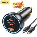 Baseus 160W USB-C Car Charger, Type-C Car Charger, QC5.0 PD3.0 PPS 3 Ports Super Fast Charging Car Phone Charger Adapter for iPhone 13 12 11 Pro Max, Samsung Galaxy S22 S21 iPad Macbook Pro Air Laptop & More. 