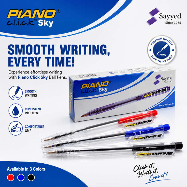 PIANO Click Sky Ball Pen – Smooth Writing Retractable Pens | Pack of 10 (Blue, Black, Red)