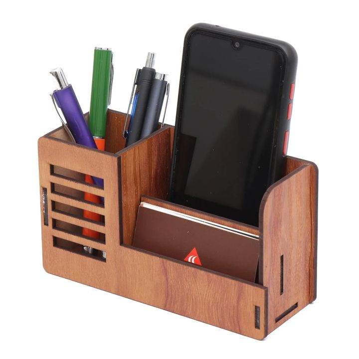 Al Noor Traders Brand Stand with Visiting Card & Mobile Holder Wooden Desk Organizer | Pen and Pencil Stand for Office Table with Business Card Holder Box and Mobile Stand