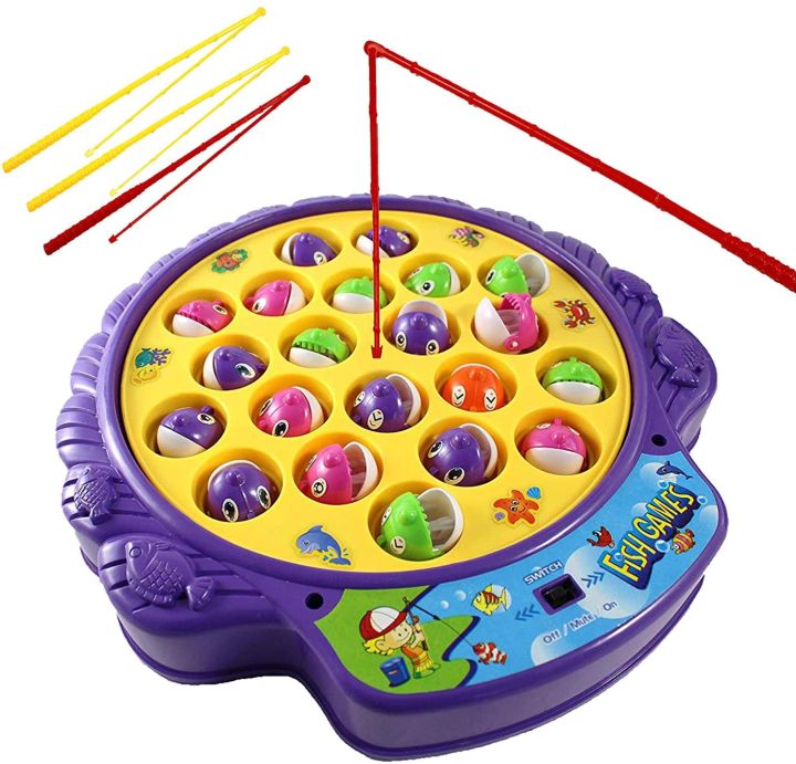Fishing Game Toy Set with Rotating Board with Music On/Off Switch for Quiet Play, Includes 21 Fish and 4 Fishing Poles, Safe and Durable Toy for Toddlers and Kids