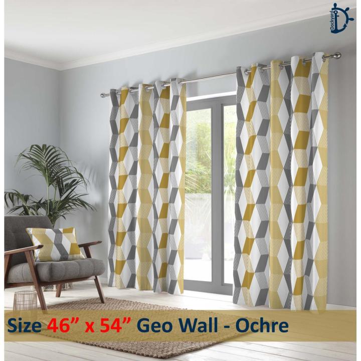 Curtains Set, Printed curtains for room, 100% cotton - GeoWall Ochre - Pack of 2 Curtains