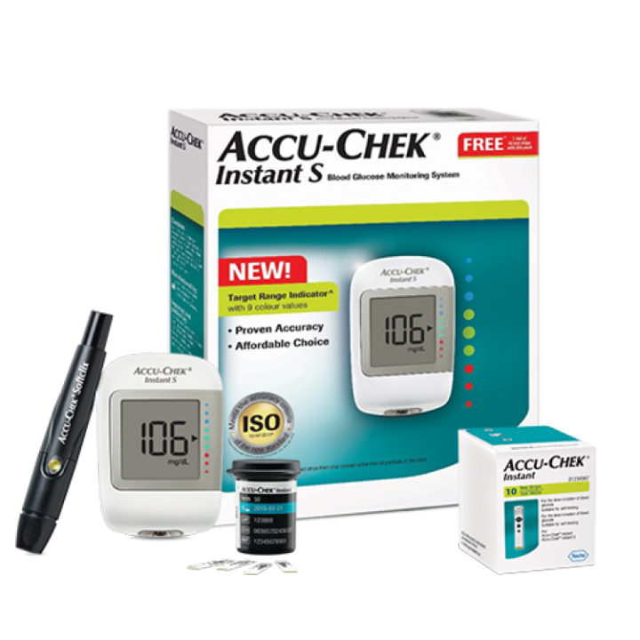 Accu Chek Instant S Meter with 10 Test Strips + Bag + Manual + Life Time Brand Warranty