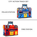 My Take Along Car Parking Lot Playset, Combination Fire Station & Police Station Toy For Kids, Walkie_Talkie Loud Speaker Calling All Cars Rescue Team On The Way, Best Toy Play Set Gift For Kid Children Boys & Girls, City Action Track Sets For Vehicles. 