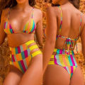 Women Swimsuit Deep V-neck Rainbow Color Push-up Splitted Swimwear. 