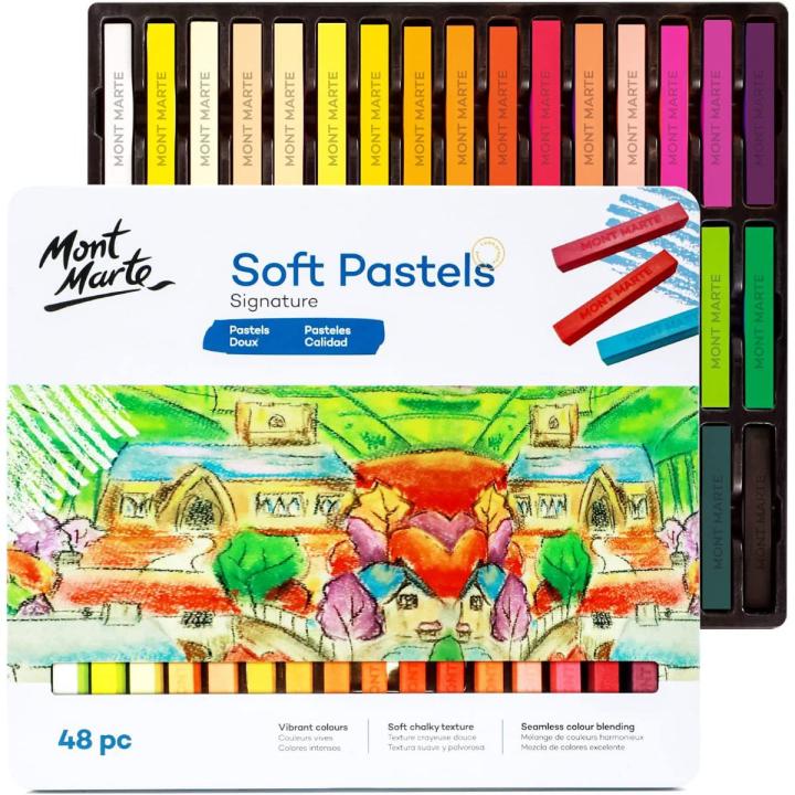 Mont Marte Soft Pastels in Tin Box Signature 48pc, 48 Assorted Colors, Vibrant Pastel Sticks