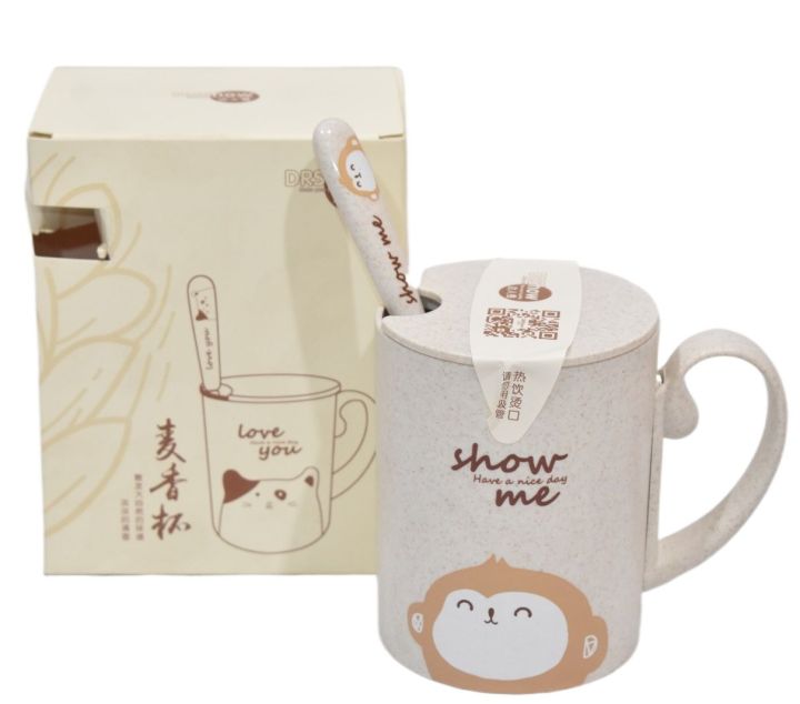 450ml Cartoon Wheat Animal Mug With Lid Spoon Milk Coffee Mug for Tea Milk Travel Cup Large Capacity Kids Cup Nice Gift