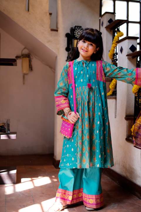 sachin and babi light blue dress Senorita Stitched T.Green and Multicolor Casual 3 Piece Suit Cotton Gold  Printed Lawn For Kids and Girls - Design code: kbd-02307