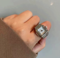 Fashion Jewelry Punk Watch Finger Ring Mini Clock Retro Silver Stretch Stainless Steel Rings for Men. 