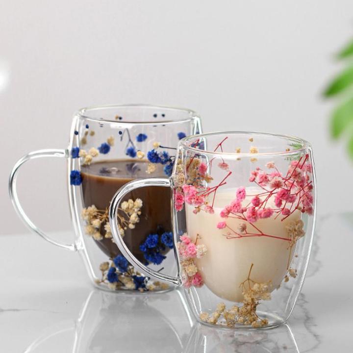 Double Wall Glass Mug Cup Insulated Coffee Mugs with Dry Flower Espresso Cup Safe and Decorative Flowers couple cups gifts