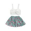 2 Pieces Kids Suit Set, Solid Color Bowknot Sleeveless Crop Tops+ Floral Print Skirt for Girls, 9 Months-4 Years. 