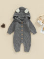 Baby Girls Knit Jumpsuit, Long Sleeve Rabbit Ears Hooded Button Closure Fall Romper for Toddlers. 