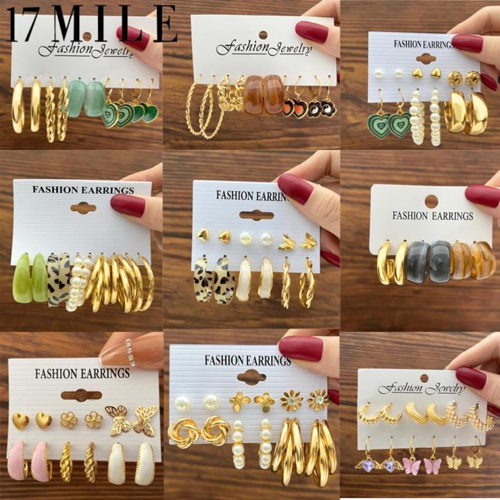 17MILE Fashion Resin Butterfly Pearl Heart Drop Earrings Set For Women Girls Acrylic Dangle Earrings Punk Metal Hoop Earrings Set 2022 Trend Set of Earrings Jewelry