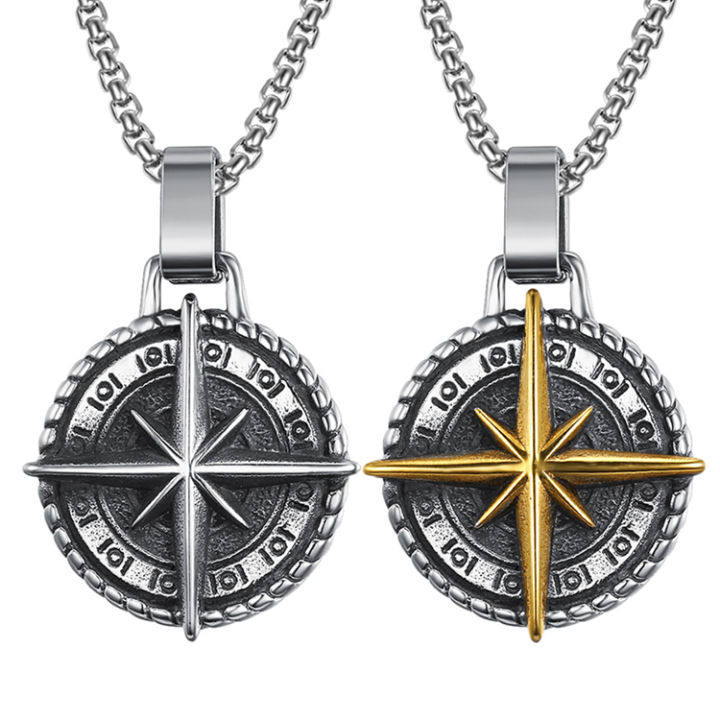 Men Retro Stainless Steel Cross necklace Norse Viking Compass Sign Pendant Necklace