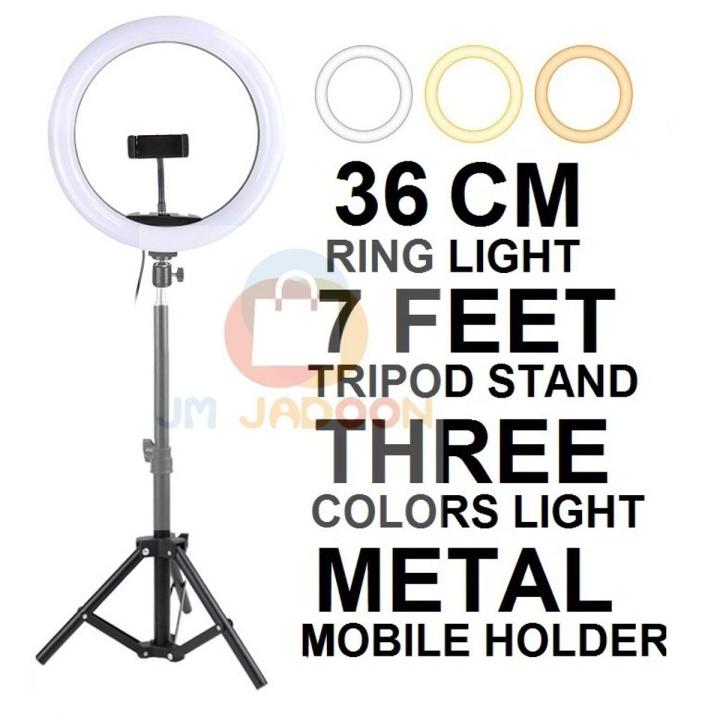 JM Jadoon 36 CM Ring Light With 7 feet Tripod Stand and Mobile Holders 3 Shades Light for tiktok youtube videos
