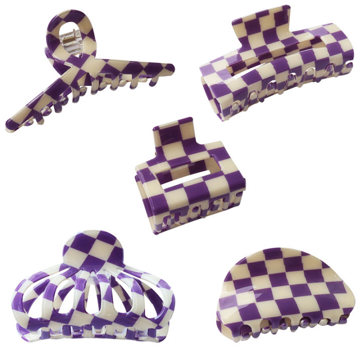 Purple And White Checkerboard Grid Square Semicircle Acetate Hair Clip Claw Hair Women Hair Accessories