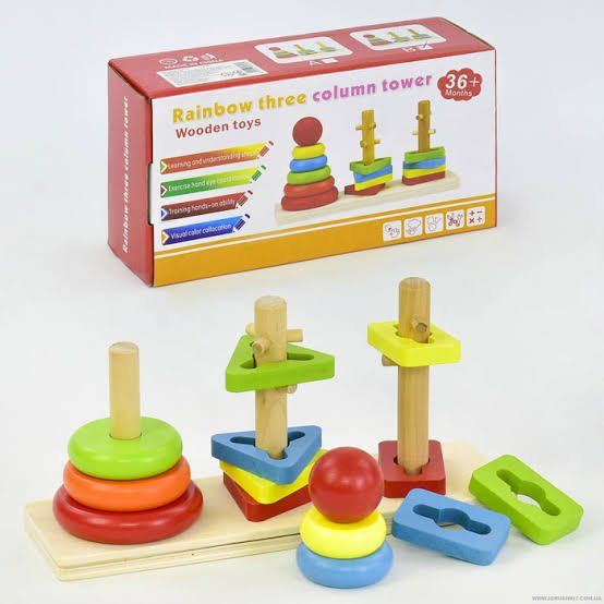 Stackign Ring Sort Game Wooden Rainbow Column Tower Stacking Rings Toy classic stacker Wooden ...