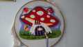 Whimsical Mushroom Cottage measuring 43 x 38 cm punch needle wall hanging. 