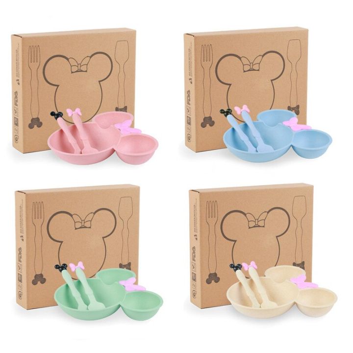 Amanoon. Mickey Mouse Kids Plate Baby Food Bowl Set Plastic Wheat Tableware Rice Feeding Bowl