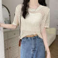Thin hollow out sleeved knitted sweater for women 2024 new summer design sense niche loose short chic top trend. 