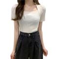 Women's Ribbed Knit T-Shirts, Casual Short Sleeve Solid Color Slim Fit Shrug Tops. 