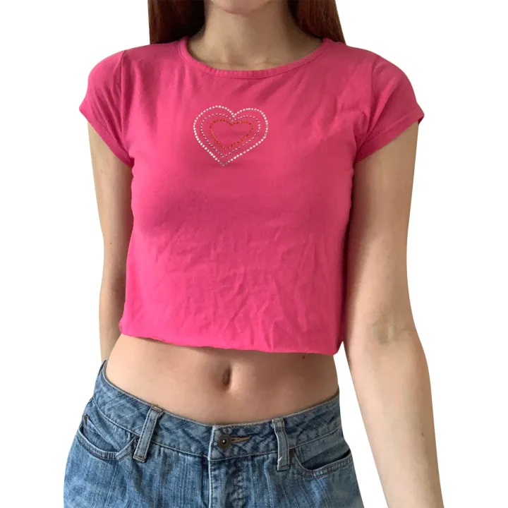Women's%20Crop%20Tops,%20Round%20Neck%20Cap%20Sleeve%20Love-Heart%20Rhinestone%20Casual%20T-shirts,%20Pink%20-%20Image%205
