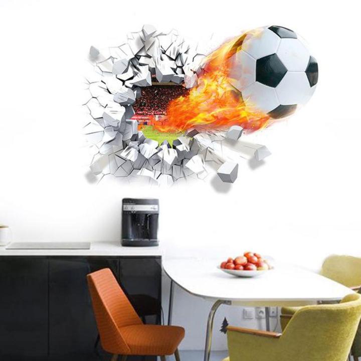 3D Football Wall Sticker Flying Fire Football DIY Wall Decor Sports Graphic PVC Gift Painting Wall Paper Removeable Self Adhesive Wall Decal