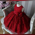 Red fairy frock self embroidered. 