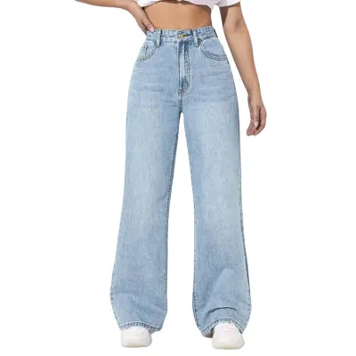 Women Light Blue Wide Leg High Waist Jeans | Export Quality | Factory Outlet