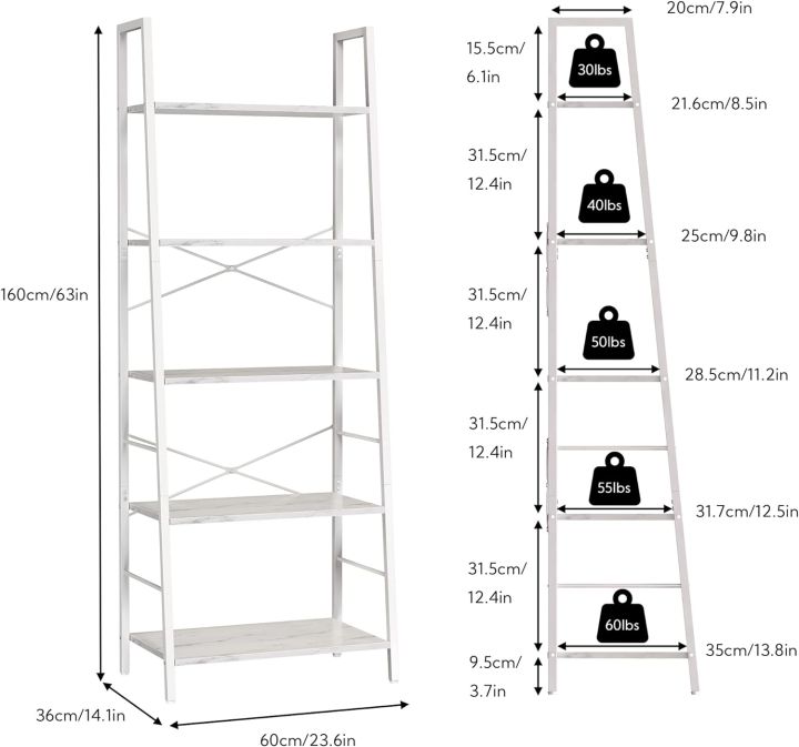 5-Tier Ladder Shelf Bookcase with Metal Frame, Industrial Bookshelves Storage Rack
