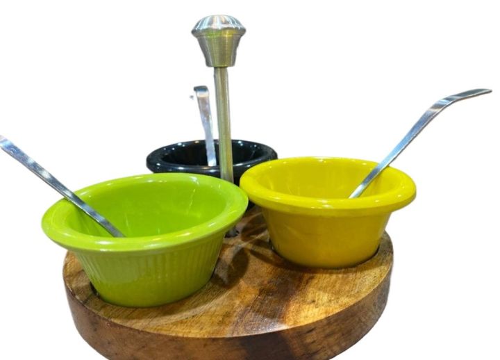 Sauce Serving Set Small Sauce Bowl MELAMINE WITH SPOON Server 3-Way WOODEN BASE/Serving Bowl ,Sauce Dishes, Sauce Dipping Bowls 3pcs Divided Sauce Plates