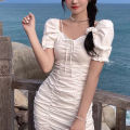 Ladies Mini Skirt, Girls Summer Temperament Solid Color Puff Sleeve Drawstring Ruched Short Dress. 