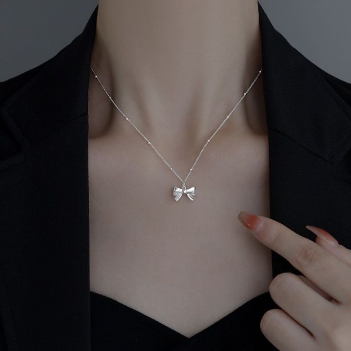 Sterling Silver Princess Bow Necklace Pendant Designed Luxurious Collarbone Chain