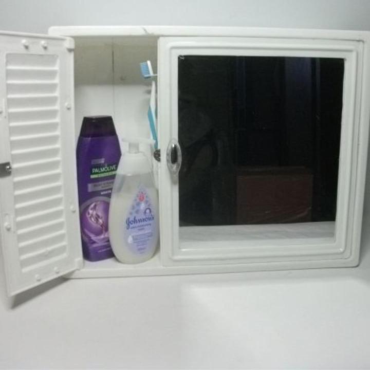 Plastic Double Door Bathroom Cabinet with Mirror Large Size with Multiple Shelves, Bathroom Mirror Cabinet, Bathroom Rack, Available in 7 Different Colors -White, Off White, Beige, Grey, Pink, Blue & Green, Size:17.5" x 14" x 4"