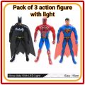 3 Pcs Set - Mini Avengers Marvel and DC Action Figures Superman Spiderman Batman Toys Movable With Led Light. 