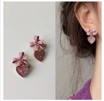Pink Purple Bow Love Shape Temperament Female Earrings Simple Sweet Japanese And Korean Fashion Small Fresh Frosted Heart-shaped Earrings 1Pair