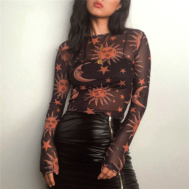 Sun Moon Printed Transparent Mesh T Shirt Women O Neck Long Sleeve Slim Basic Casual Female Tops 2022 Spring New Daraz.pk