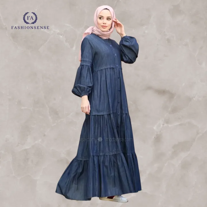 FashionSense%20%20Stay%20Cool%20and%20Fashionable%20This%20Summer%20with%20Navy%20Blue%20Unlined%20Denim%20Lyocell%20Abaya%20with%20Three%20Frill%20Style%20-%20Image%204
